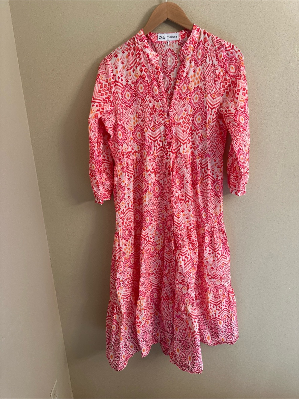 ZARA Pink Oversized Cotton Printed Tiered Maxi Shirt Dress Size Small
